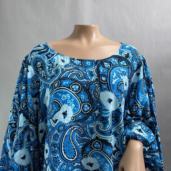 Talbots Plus Top Women 2X Blue Floral Print Popover Blouse Puff Sleeve Viscose - Picture 2 of 10